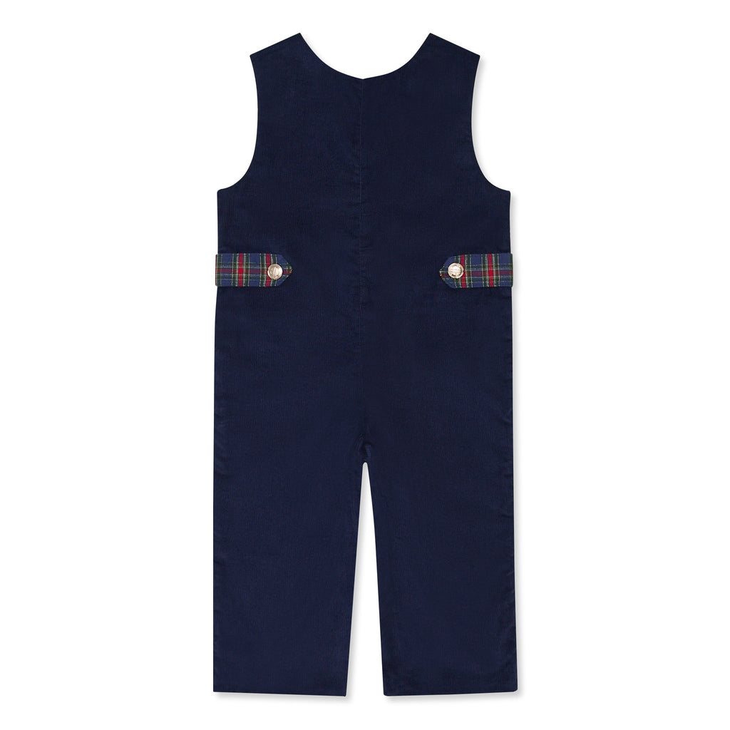 Boys’ Louis Longall in Midnight Blue Corduroy with Tinsel Tartan tabs, HD gold buttons, and full tartan lining designed to show when the cuffs are rolled.