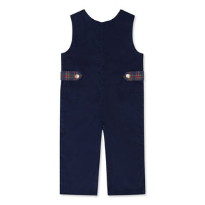 Boys’ Louis Longall in Midnight Blue Corduroy with Tinsel Tartan tabs, HD gold buttons, and full tartan lining designed to show when the cuffs are rolled.