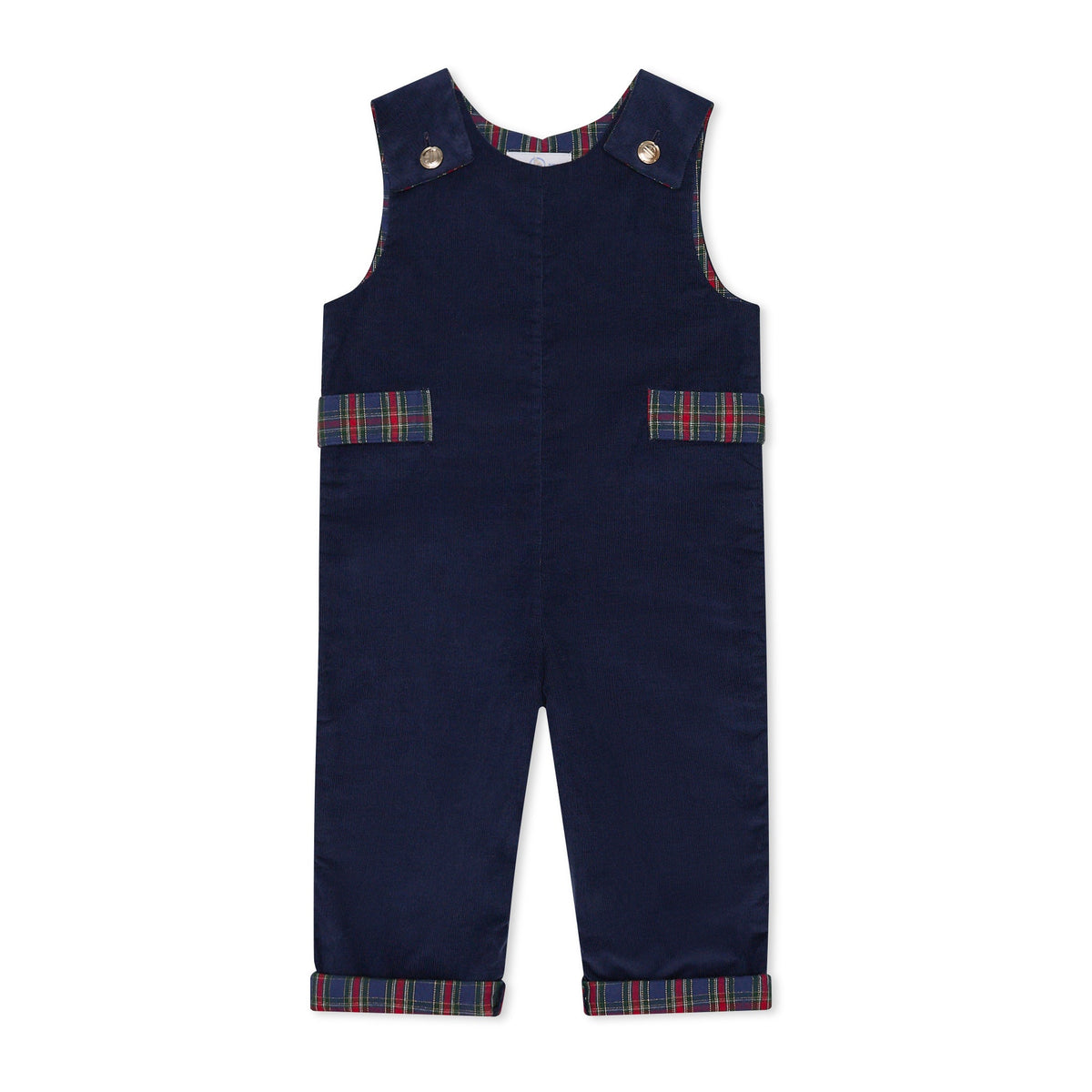 Boys’ Louis Longall in Midnight Blue Corduroy with Tinsel Tartan tabs, HD gold buttons, and full tartan lining designed to show when the cuffs are rolled.