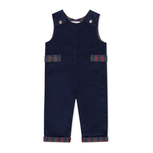 Boys’ Louis Longall in Midnight Blue Corduroy with Tinsel Tartan tabs, HD gold buttons, and full tartan lining designed to show when the cuffs are rolled.