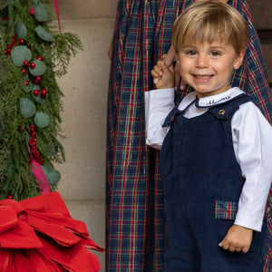 Boys’ Louis Longall in Midnight Blue Corduroy with Tinsel Tartan tabs, HD gold buttons, and full tartan lining designed to show when the cuffs are rolled.