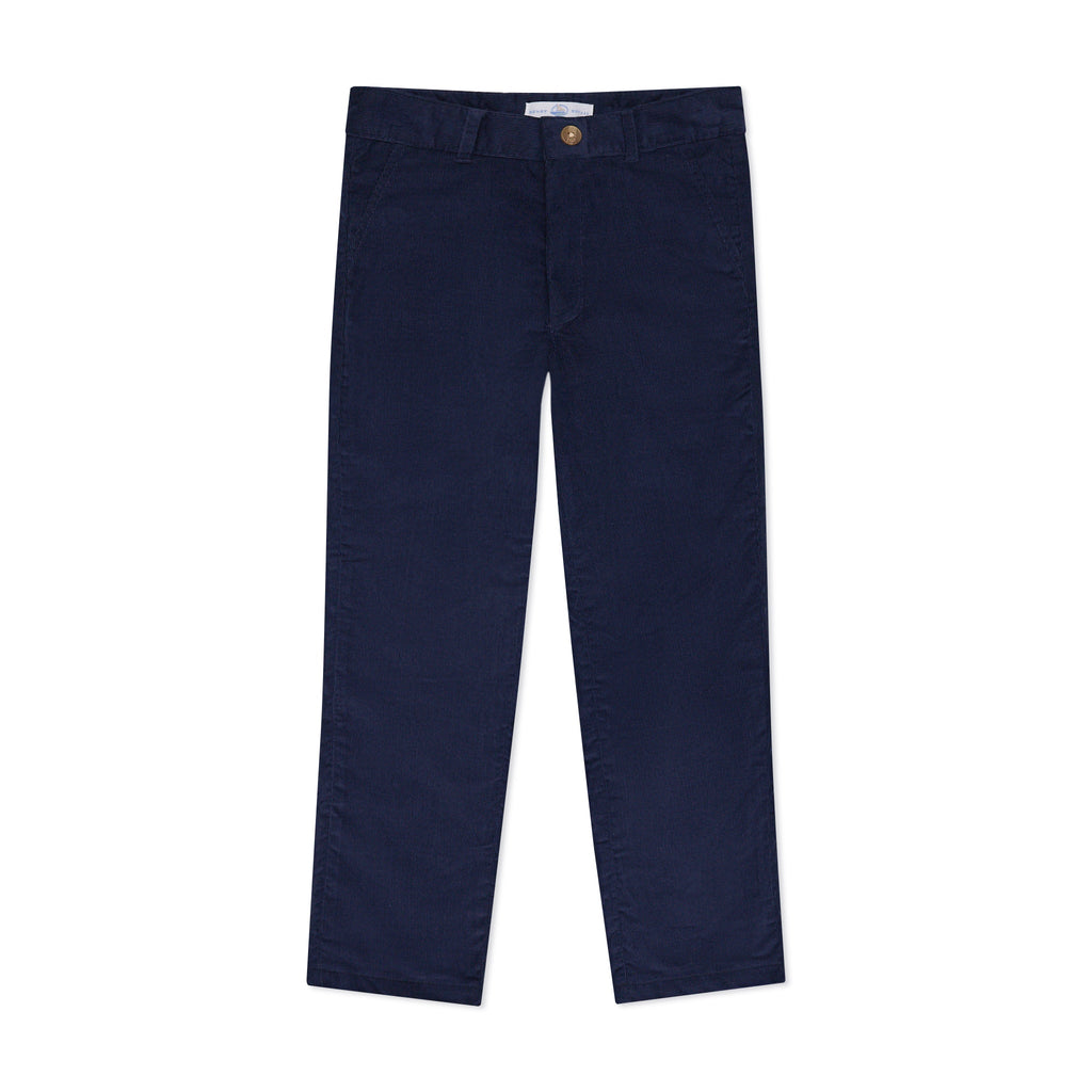Boys’ Bradford Trousers in Midnight Blue Corduroy, fully lined in Tinsel Tartan with cuffed hems revealing festive navy, red, and green plaid.