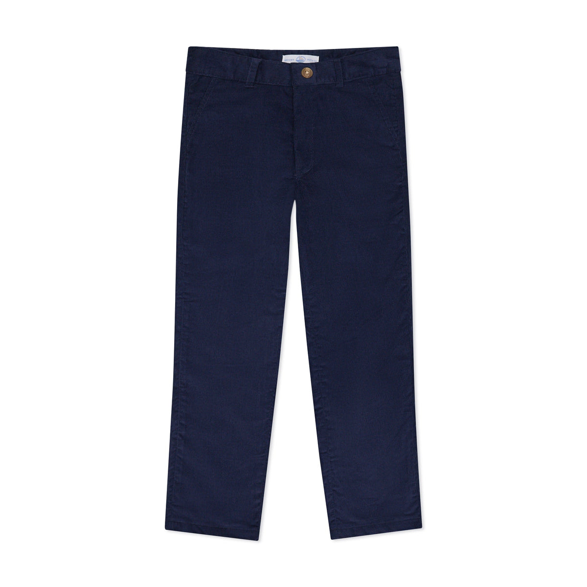 Boys’ Bradford Trousers in Midnight Blue Corduroy, fully lined in Tinsel Tartan with cuffed hems revealing festive navy, red, and green plaid.