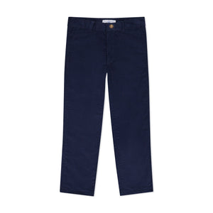 Boys’ Bradford Trousers in Midnight Blue Corduroy, fully lined in Tinsel Tartan with cuffed hems revealing festive navy, red, and green plaid.