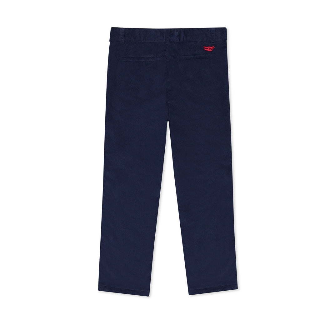 Front view of boys’ Bradford trousers in midnight blue corduroy on a white background