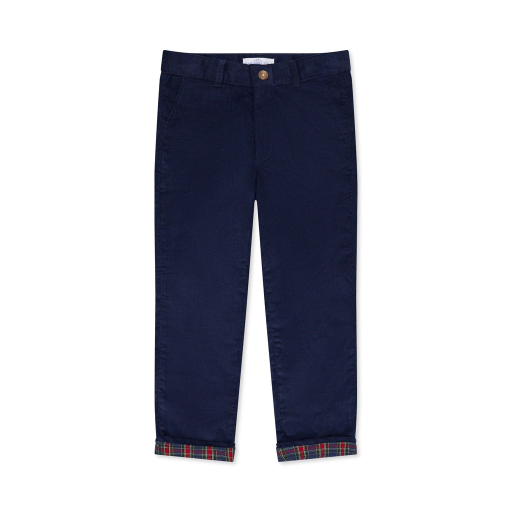 Boys’ Bradford Trousers in Midnight Blue Corduroy, fully lined in Tinsel Tartan with cuffed hems revealing festive navy, red, and green plaid.