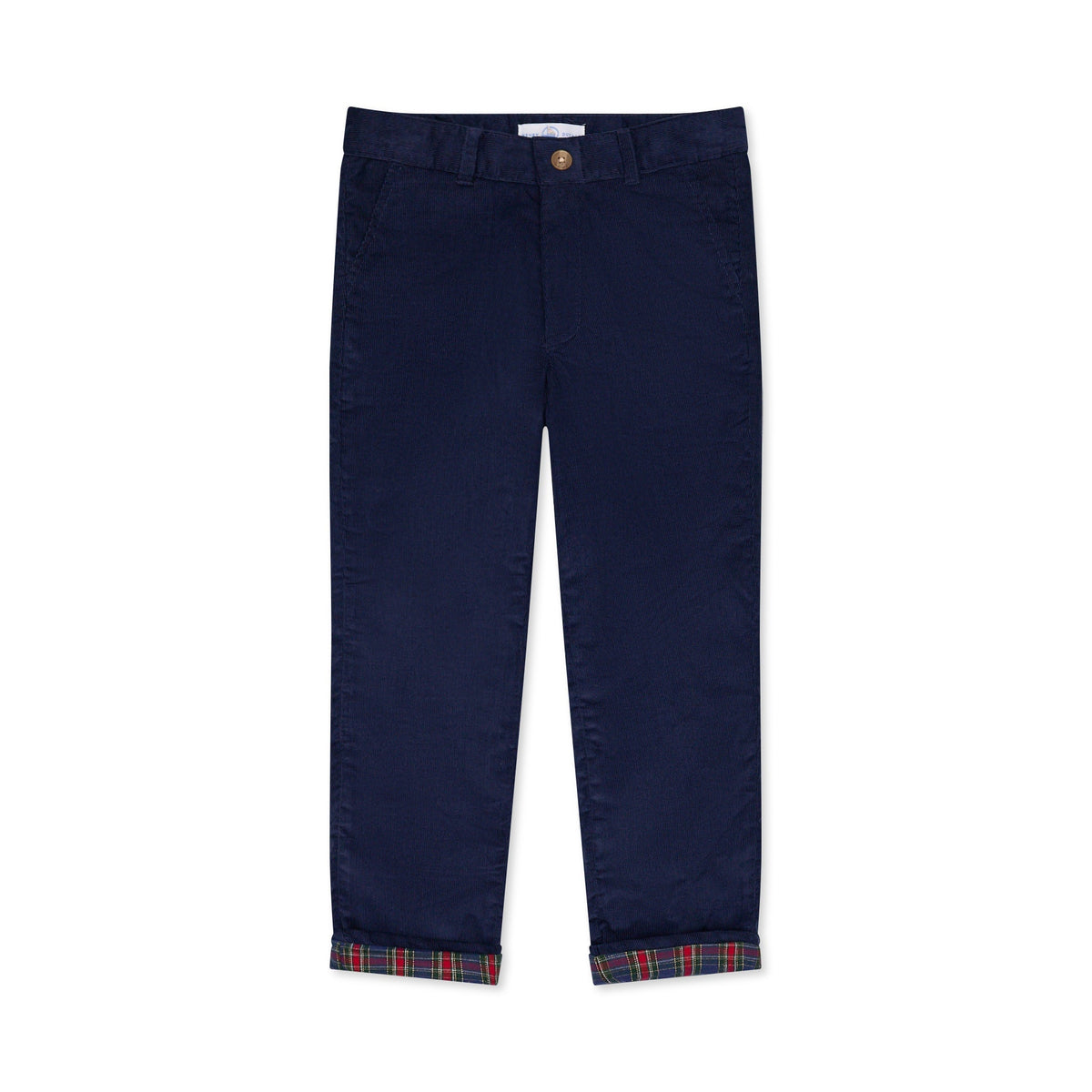 Boys’ Bradford Trousers in Midnight Blue Corduroy, fully lined in Tinsel Tartan with cuffed hems revealing festive navy, red, and green plaid.