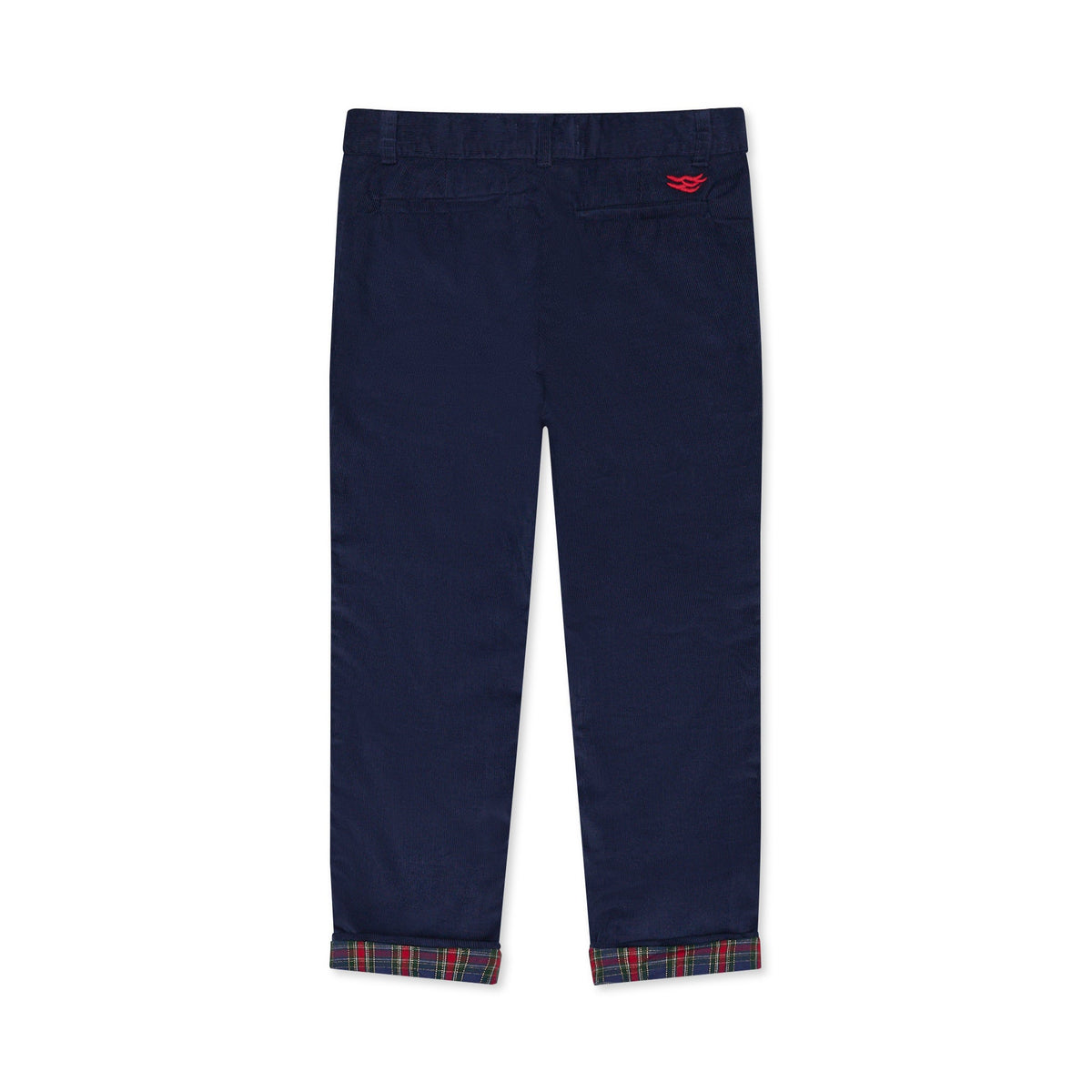 Boys’ Bradford Trousers in Midnight Blue Corduroy, fully lined in Tinsel Tartan with cuffed hems revealing festive navy, red, and green plaid.