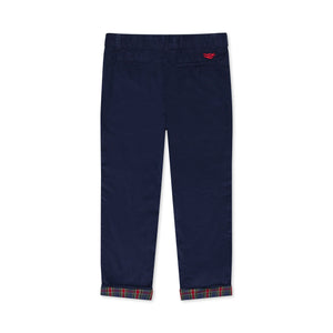 Boys’ Bradford Trousers in Midnight Blue Corduroy, fully lined in Tinsel Tartan with cuffed hems revealing festive navy, red, and green plaid.