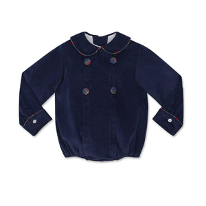 Baby boys’ Banks Bubble in Midnight Blue Corduroy with Tinsel Tartan-covered buttons and coordinating plaid trim at the Peter Pan collar and cuffs.