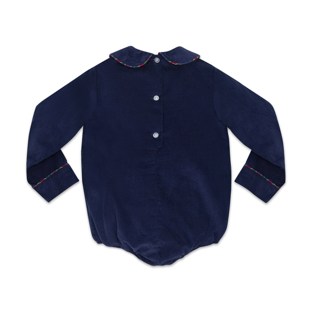 Baby boys’ Banks Bubble in Midnight Blue Corduroy with Tinsel Tartan-covered buttons and coordinating plaid trim at the Peter Pan collar and cuffs.