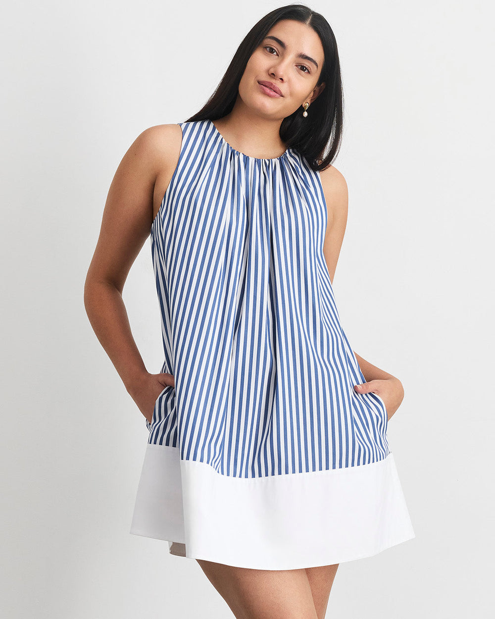 Hallie Dress in Optic White/French Blue Stripe