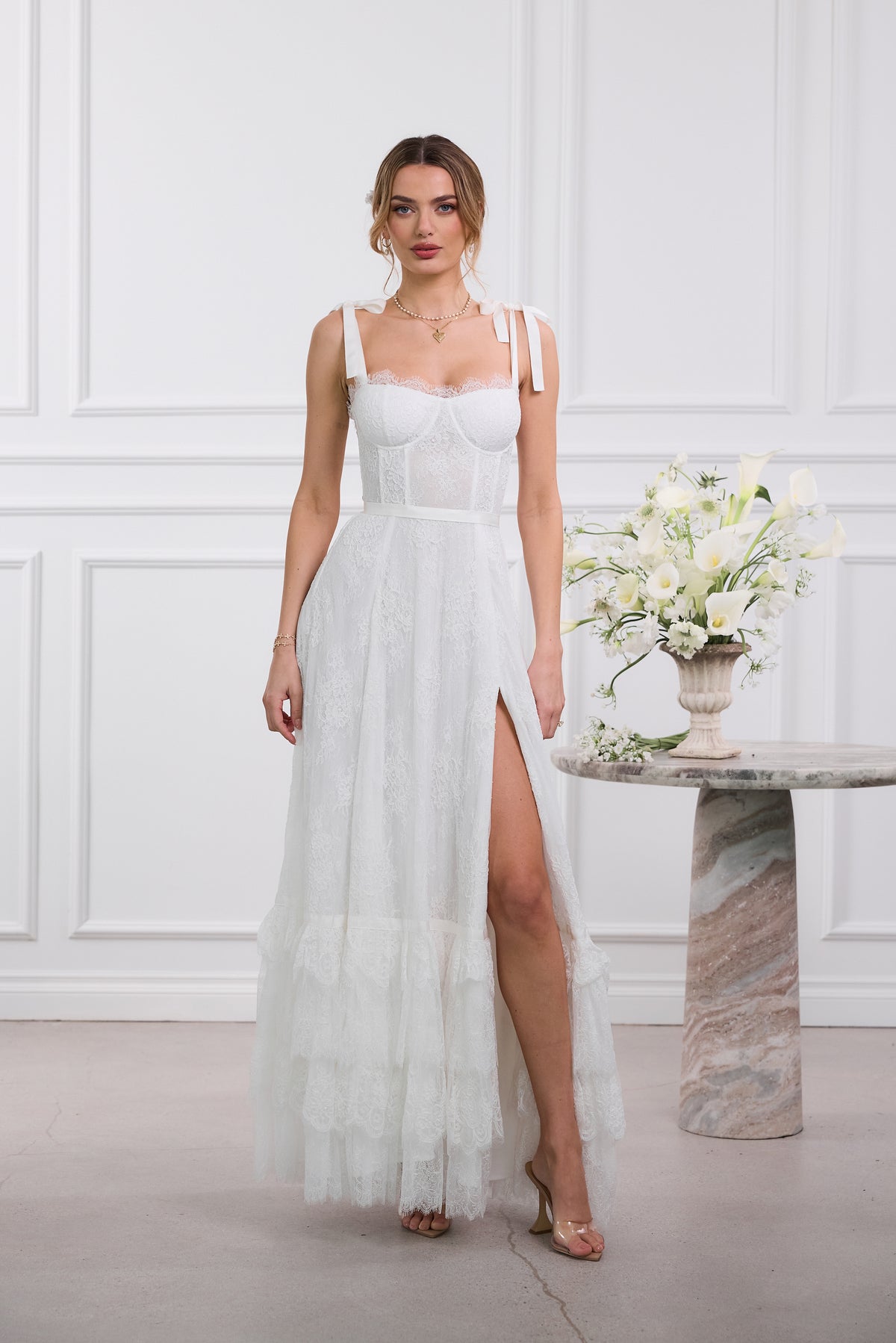 The Harmony Dress in White Chantilly Lace