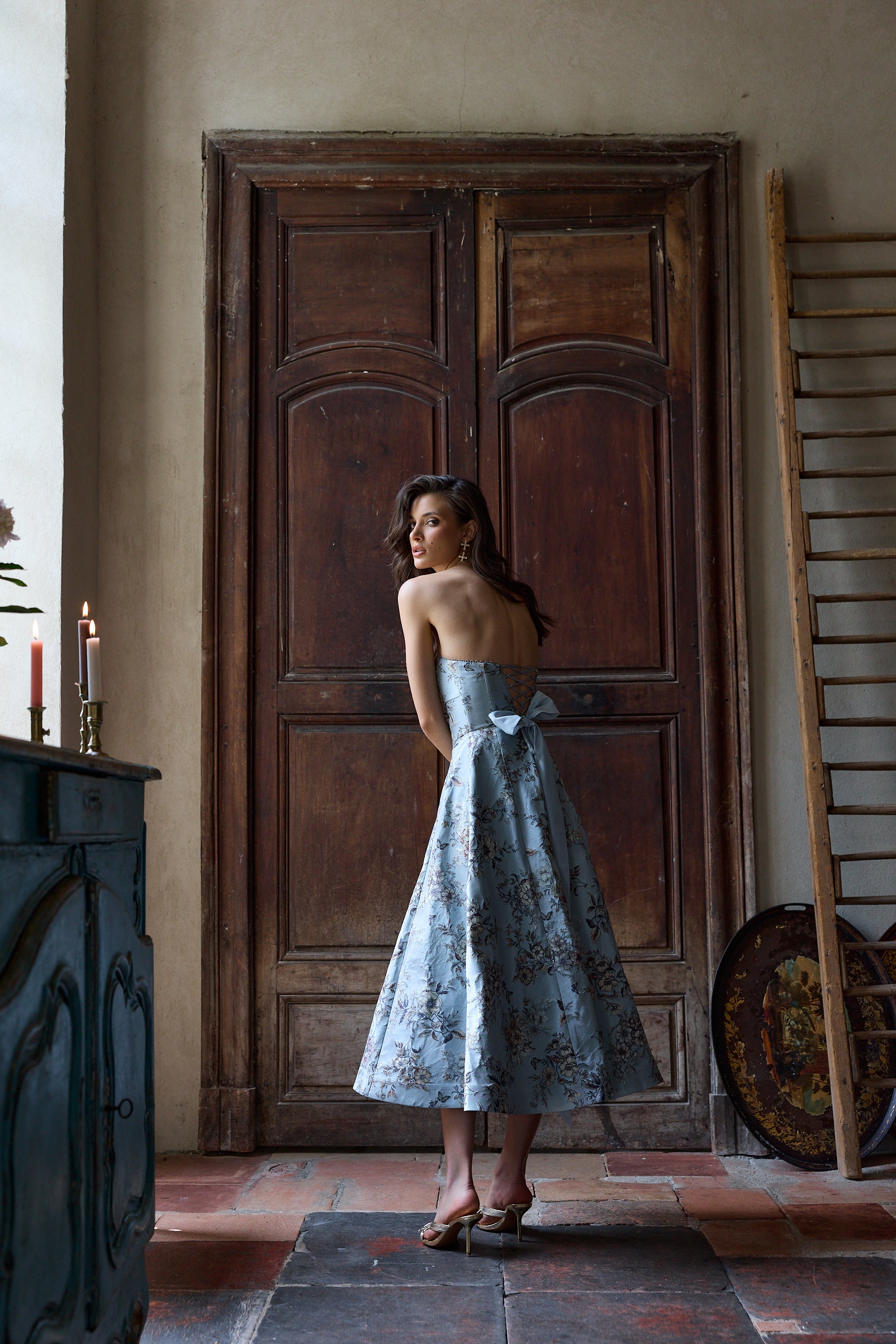 The Hazel Dress in Light Blue Lilibet Brocade