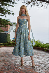The Hazel Dress in Slate Blue Cheverny Brocade