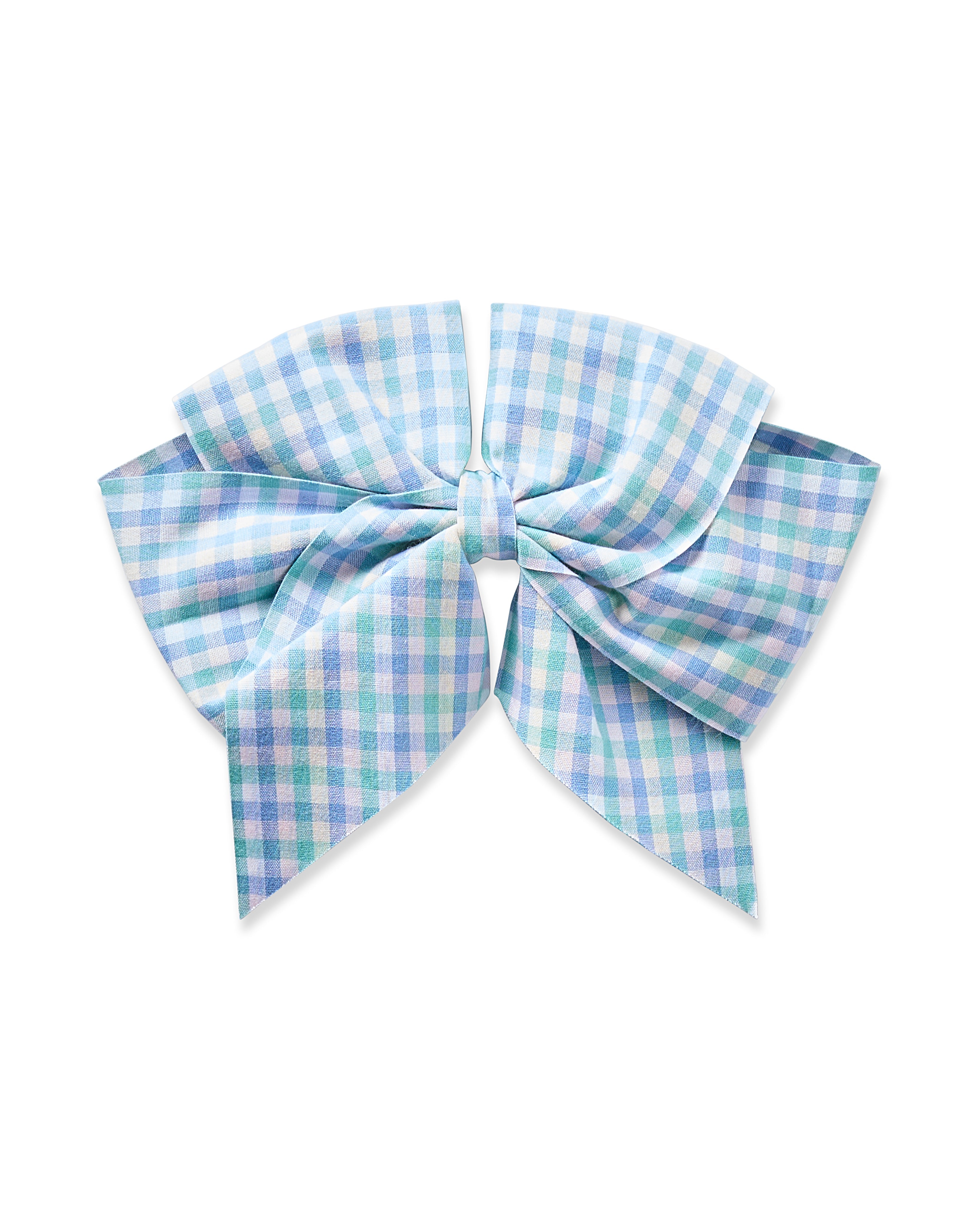 The Girls Twill Hair Bow in Spring Gingham by Petite Plume features a large, neatly tied bow with a chic blue and white gingham pattern. It includes long tails and has a slight sheen reminiscent of cozy pajamas, making it the perfect accessory for girls.