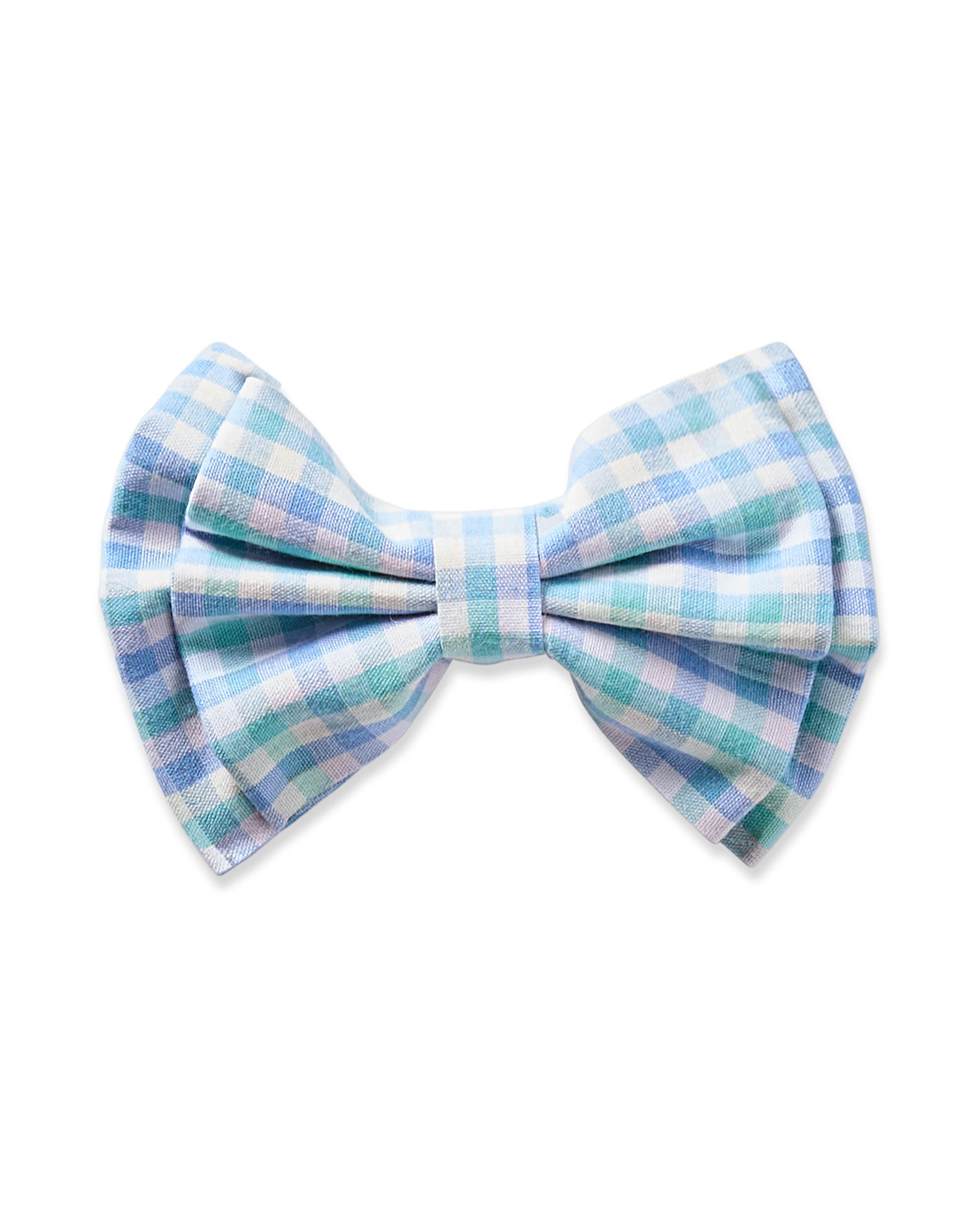 The Girls Twill Hair Bows in Spring Gingham by Petite Plume feature a blue and white plaid design with a symmetrical knot, making them a chic accessory against a white backdrop.