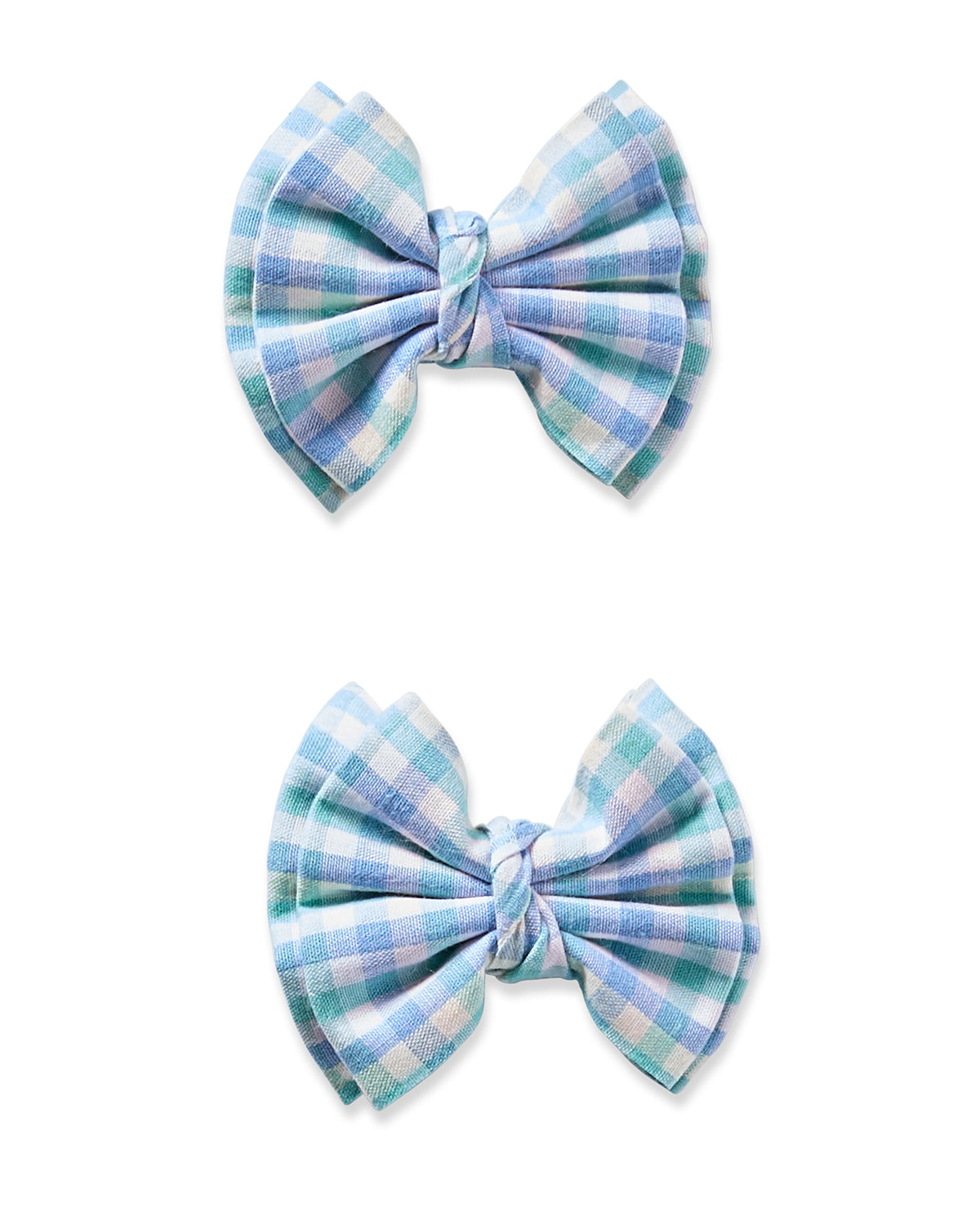 Two Petite Plume Girls Twill Hair Bows in Spring Gingham, with a blue and white plaid reminiscent of cozy pajamas, are stacked vertically on a white background. Featuring a checkered pattern and central knot, theyre perfect for enhancing girls hairdos.