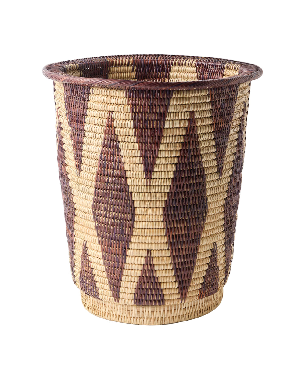 Front view of Woven Marrone wastepaper bin showcasing handwoven natural and brown geometric pattern on a white background