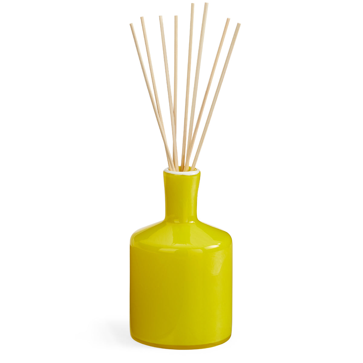 Front view of White Grapefruit Signature Reed Diffuser showcasing bright yellow vessel and natural reeds with white background