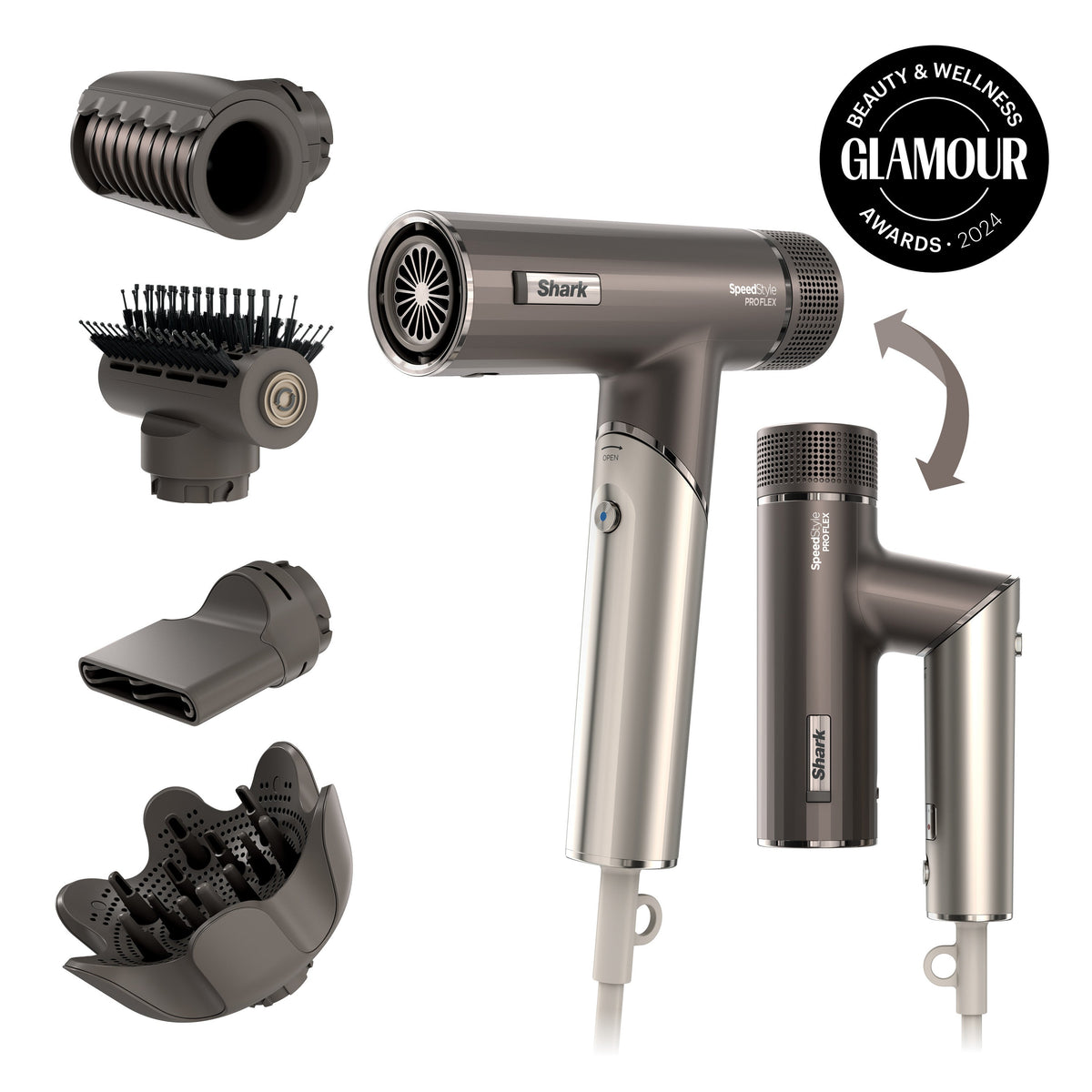 Front view of Shark SpeedStyle Pro FLEX hair dryer with folding handle, five attachments, and Glamour Awards 2024 badge
