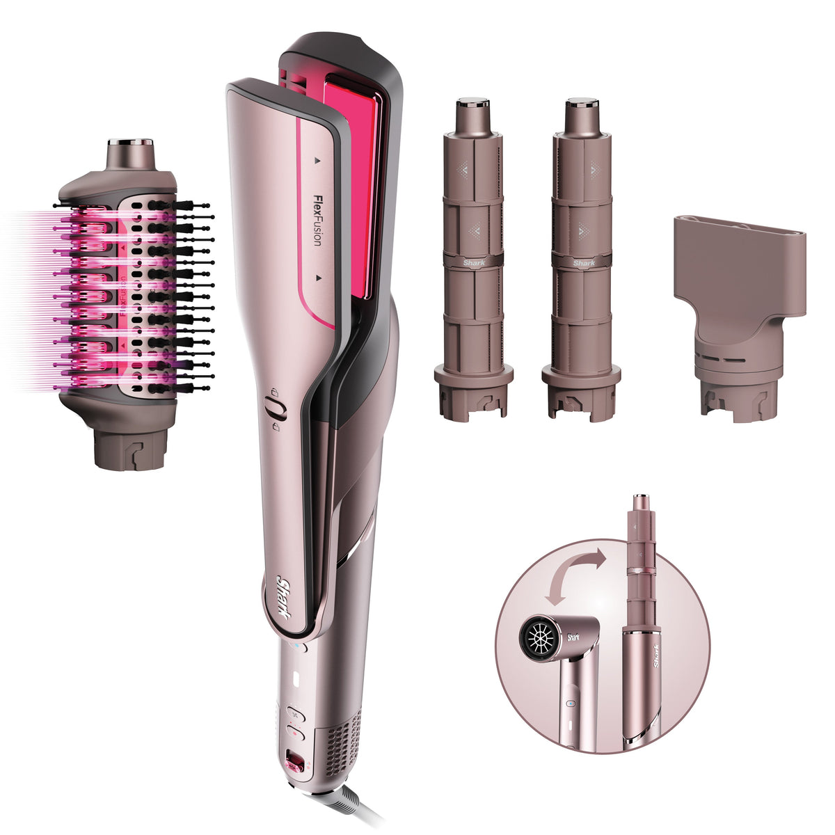 Front view of FlexFusion 5-in-1 Air Styler Set in Blush showcasing brush, straightener, curling barrels, and concentrator