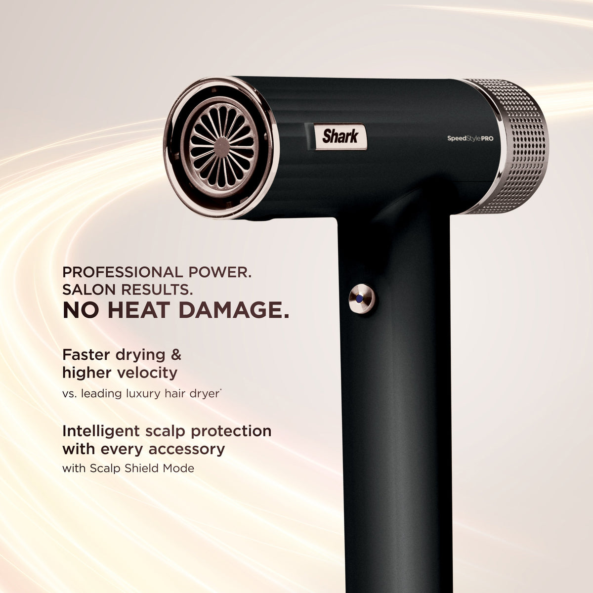 Promotional image showing Shark SpeedStyle Pro hair dryer and headline ‘Professional power. Salon results. No heat damage’