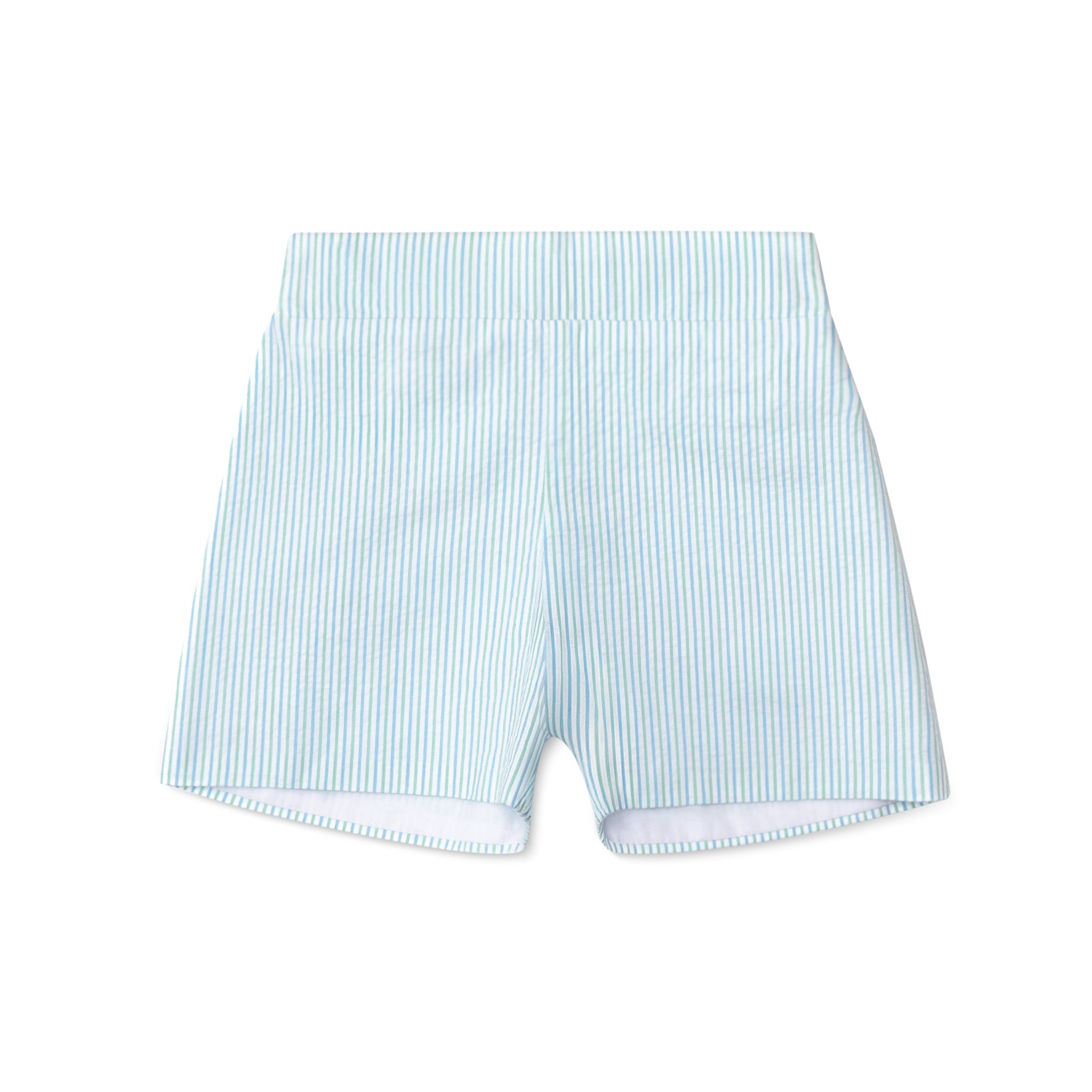 Boys’ seersucker spring dress shorts in crisp cotton with flat front and elastic back waistband, by Henry Duvall – versatile for Easter, portraits, and warm-weather occasions.