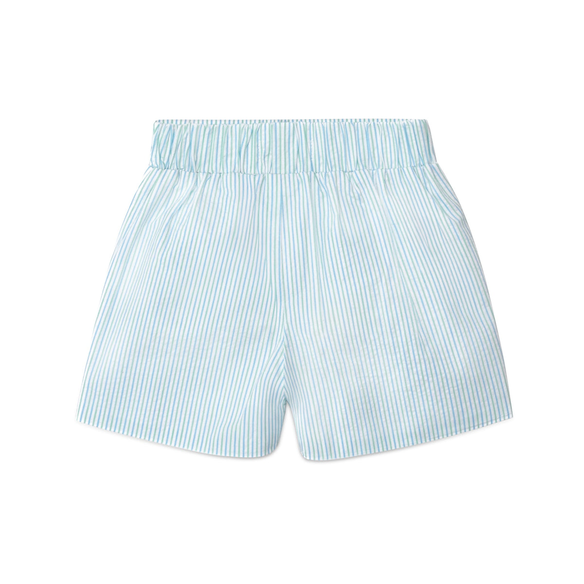 Boys’ seersucker spring dress shorts in crisp cotton with flat front and elastic back waistband, by Henry Duvall – versatile for Easter, portraits, and warm-weather occasions.