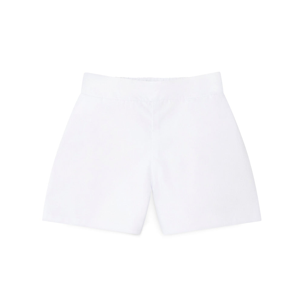 Boys’ white spring dress shorts in crisp cotton with flat front and elastic back waistband, by Henry Duvall – versatile for Easter, portraits, and warm-weather occasions.