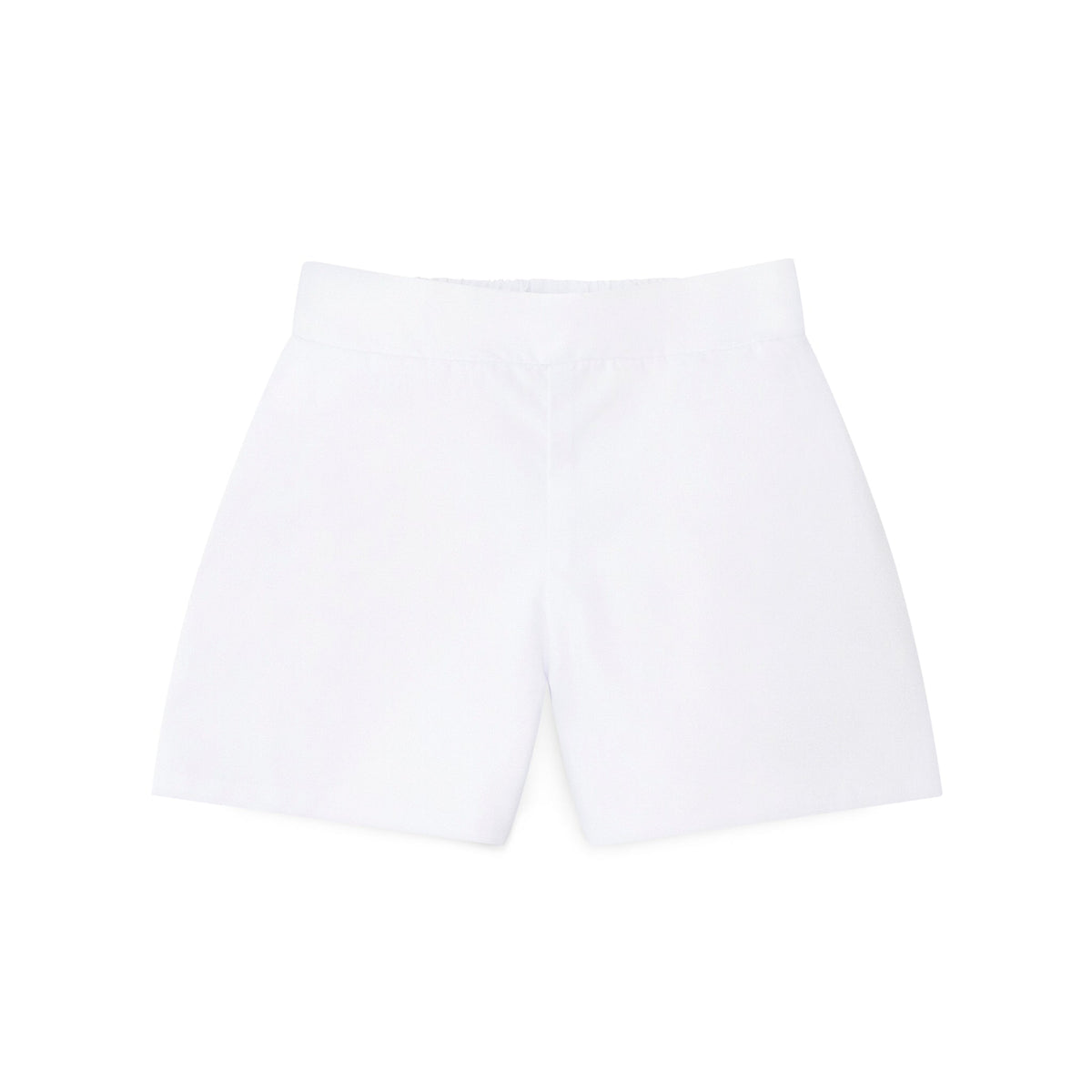 Boys’ white spring dress shorts in crisp cotton with flat front and elastic back waistband, by Henry Duvall – versatile for Easter, portraits, and warm-weather occasions.