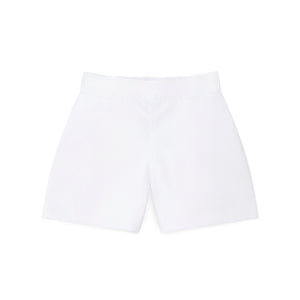 Boys’ white spring dress shorts in crisp cotton with flat front and elastic back waistband, by Henry Duvall – versatile for Easter, portraits, and warm-weather occasions.