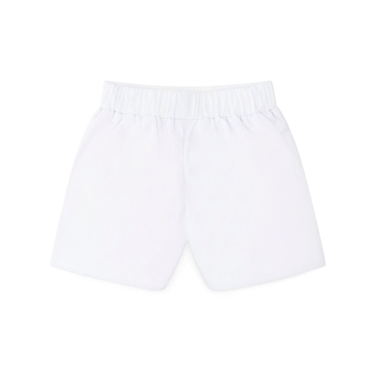 Boys’ white spring dress shorts in crisp cotton with flat front and elastic back waistband, by Henry Duvall – versatile for Easter, portraits, and warm-weather occasions.