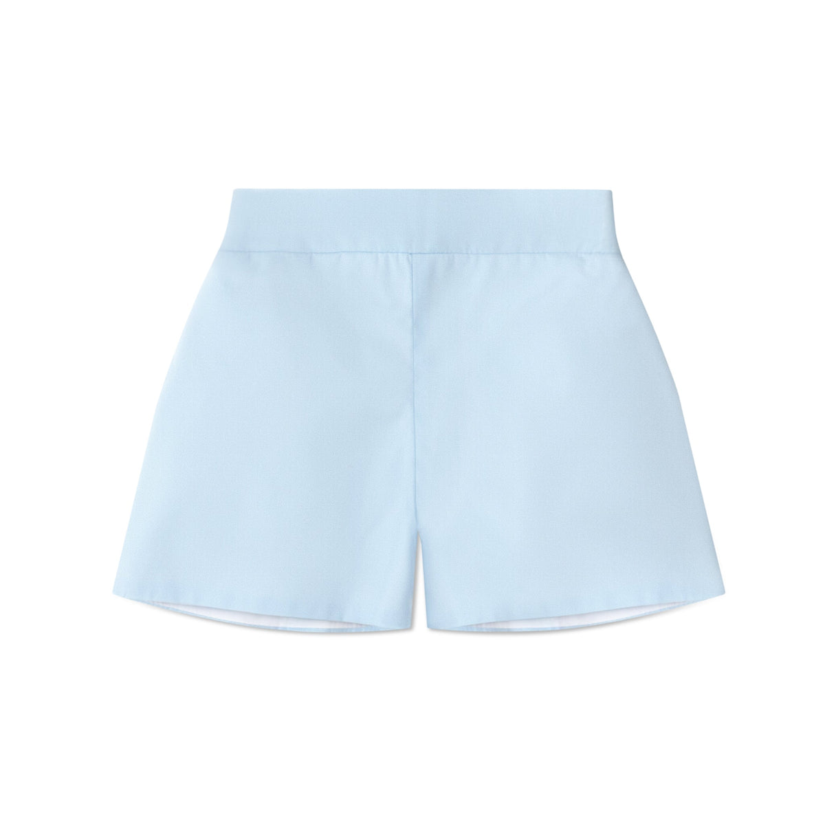 Front view of Robert Shorts in Bailey’s Bay Blue showing flat front, elastic back waistband, and visible white lining
