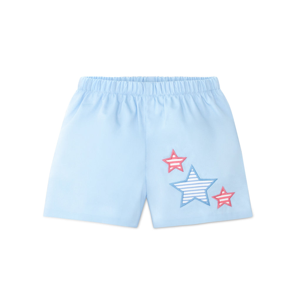 Henry Duvall Liam boys shorts in blue with red white and blue star embroidery, classic preppy patriotic shorts for Memorial Day, 4th of July, and summer wear