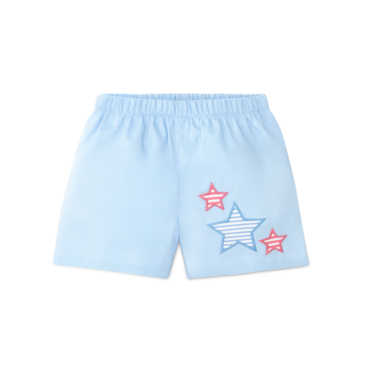 Henry Duvall Liam boys shorts in blue with red white and blue star embroidery, classic preppy patriotic shorts for Memorial Day, 4th of July, and summer wear