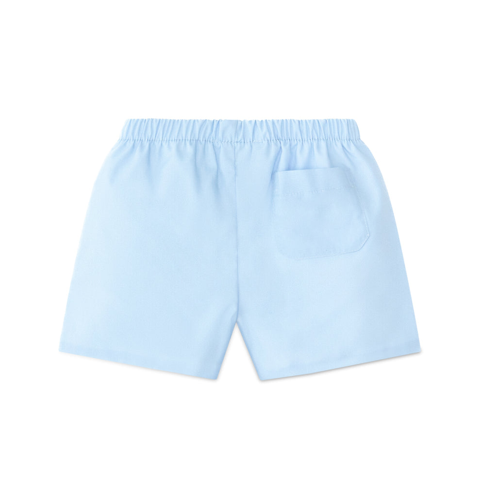 Henry Duvall Liam boys shorts in blue with red white and blue star embroidery, classic preppy patriotic shorts for Memorial Day, 4th of July, and summer wear
