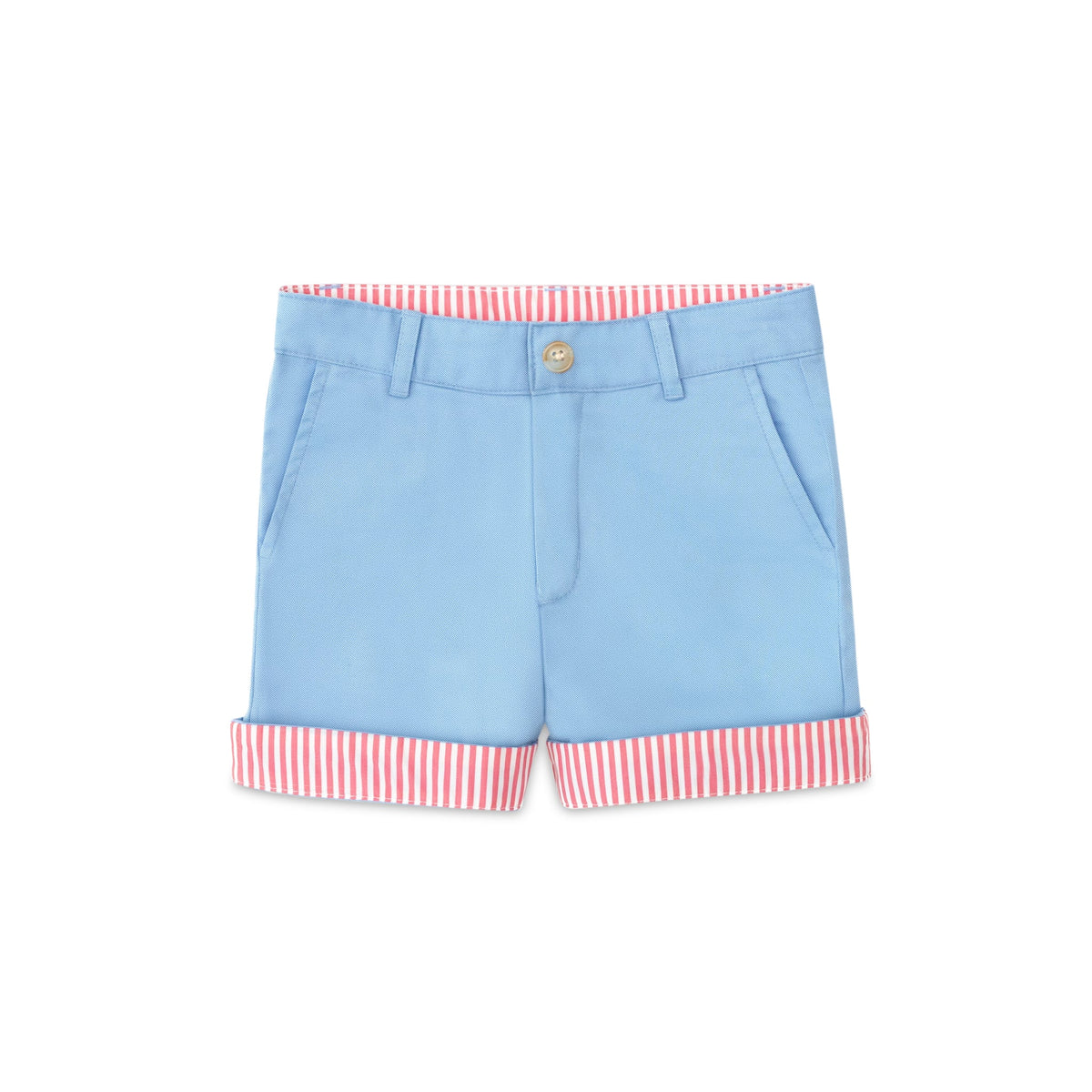 Henry Duvall Wyatt boys shorts in East Beach Blue with Seaside Stripe cuff, classic preppy summer shorts for Memorial Day, 4th of July, and everyday wear