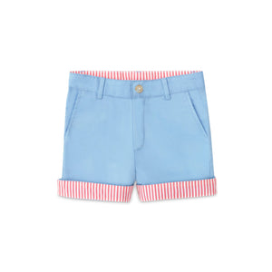 Henry Duvall Wyatt boys shorts in East Beach Blue with Seaside Stripe cuff, classic preppy summer shorts for Memorial Day, 4th of July, and everyday wear