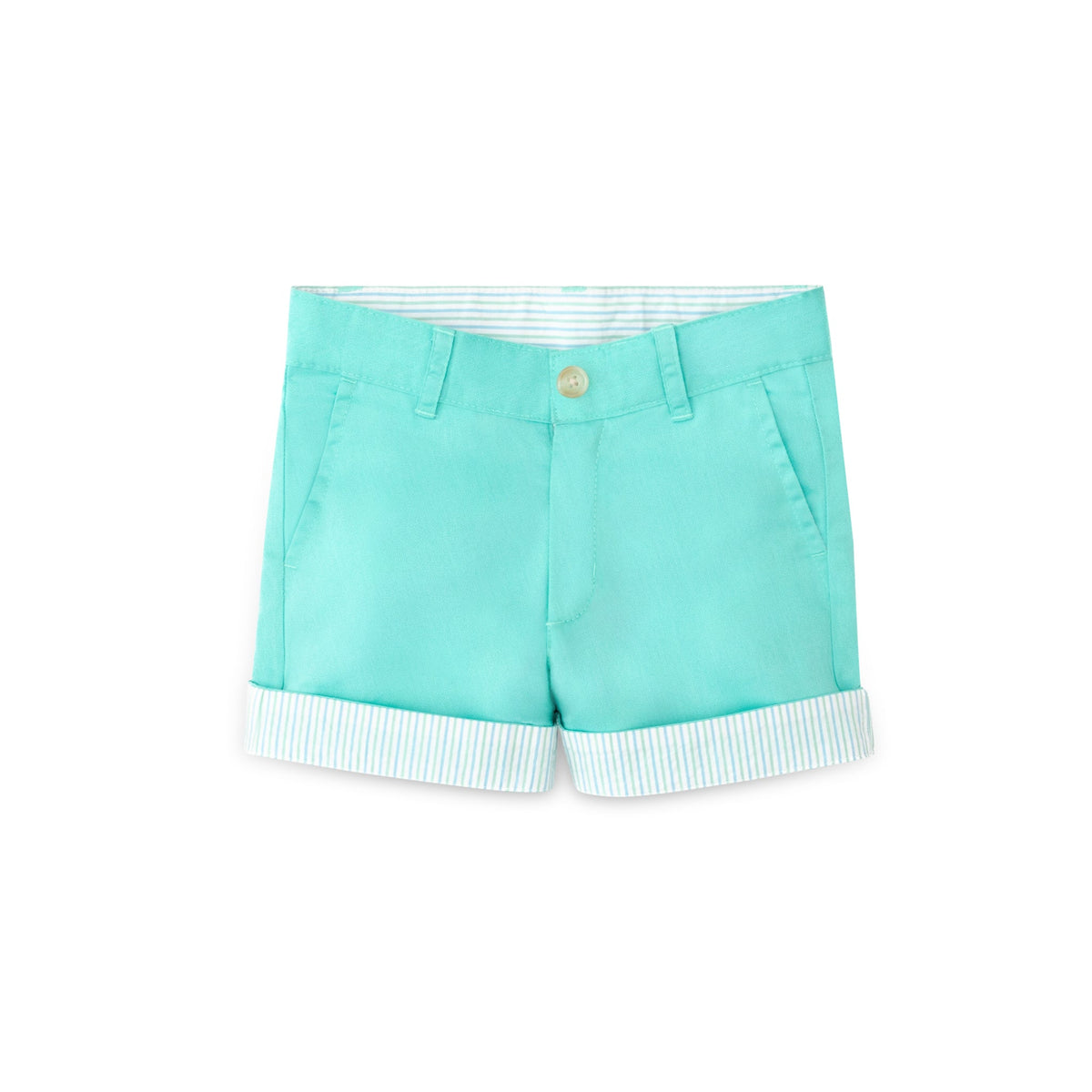 Front view of Wyatt boys’ convertible shorts in Gibbs Hill Green showing rolled striped seersucker cuffs on white background