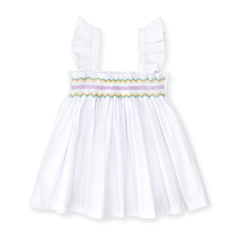 Henry Duvall girls smocked shorts set in Classic White, a classic two-piece outfit with flutter sleeves and blue embroidered smocking.