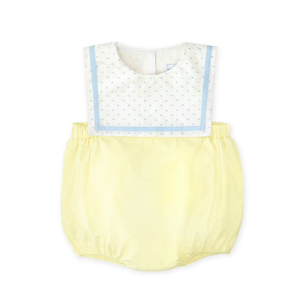 Henry Duvall Saylor Bubble in soft yellow fabric with blue Swiss dot sailor collar and trim, classic heirloom baby boy summer bubble outfit