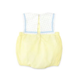 Henry Duvall Saylor Bubble in soft yellow fabric with blue Swiss dot sailor collar and trim, classic heirloom baby boy summer bubble outfit