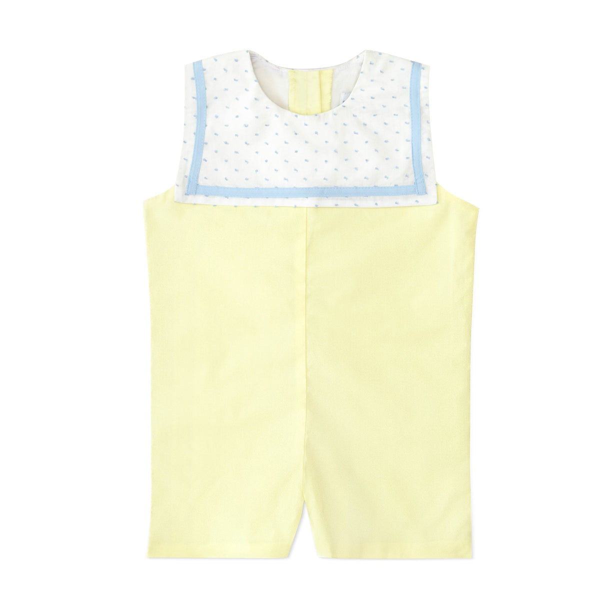 Front flat lay of Saylor Jon Jon showcasing sunshine yellow fabric and white Swiss dot sailor collar with blue trim on white