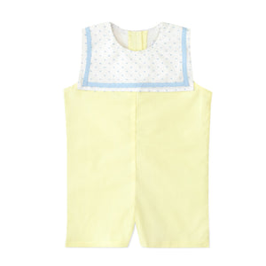 Henry Duvall Saylor Jon Jon in soft yellow fabric with blue Swiss dot sailor collar and trim, classic heirloom baby boy summer outfit