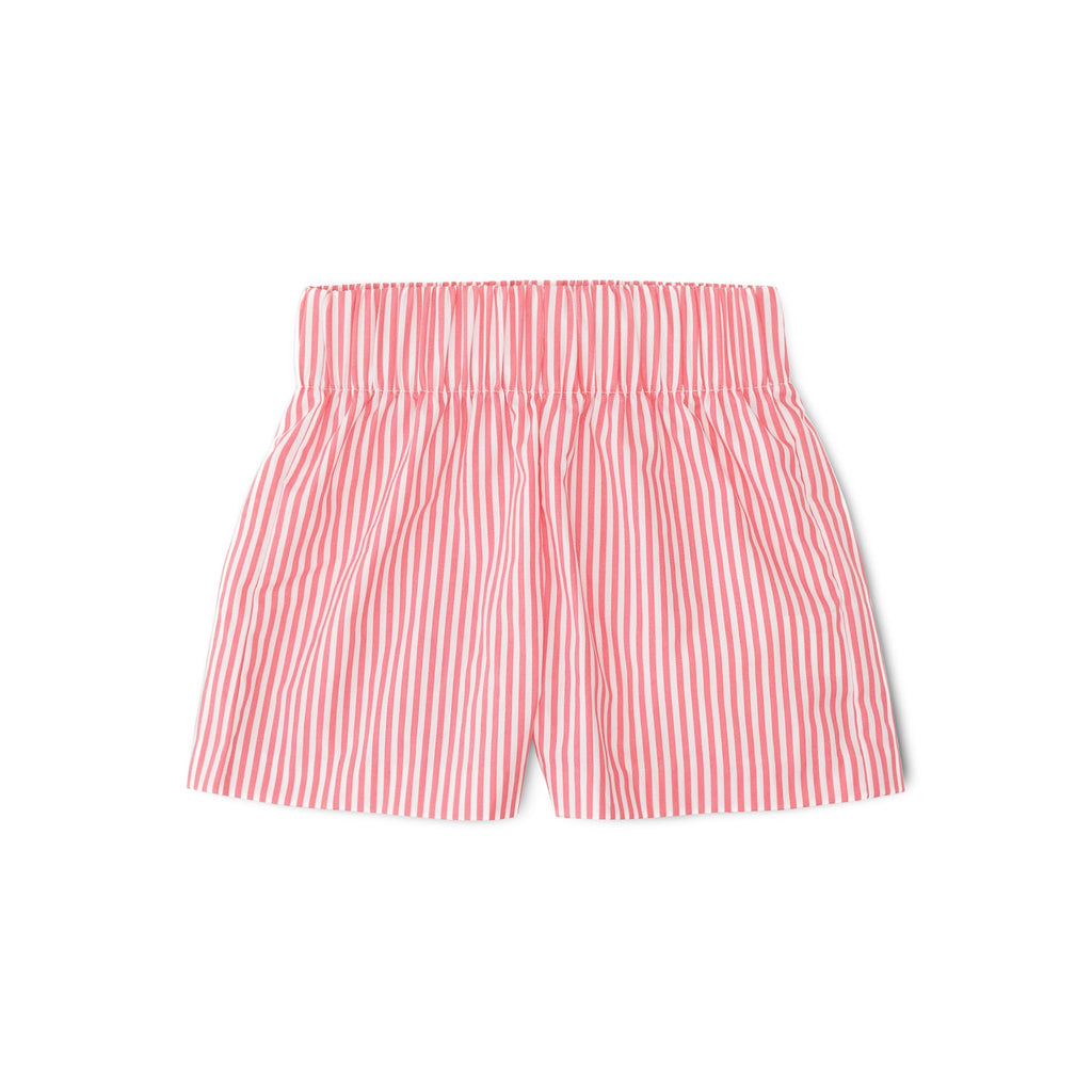 Henry Duvall girls smocked shorts set in red & white strip, a classic two-piece outfit with flutter sleeves and blue embroidered smocking.