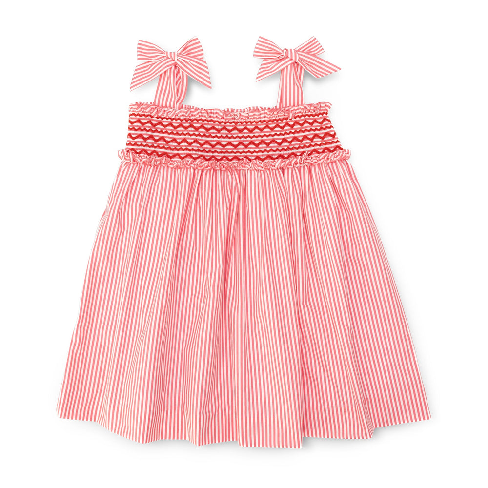 Henry Duvall Daisy Dress in red & white stripe print with hand-smocked bodice and shoulder bow ties, classic heirloom summer dress for girls
