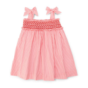 Henry Duvall Daisy Dress in red & white stripe print with hand-smocked bodice and shoulder bow ties, classic heirloom summer dress for girls