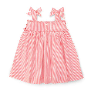 Henry Duvall Daisy Dress in red & white stripe print with hand-smocked bodice and shoulder bow ties, classic heirloom summer dress for girls