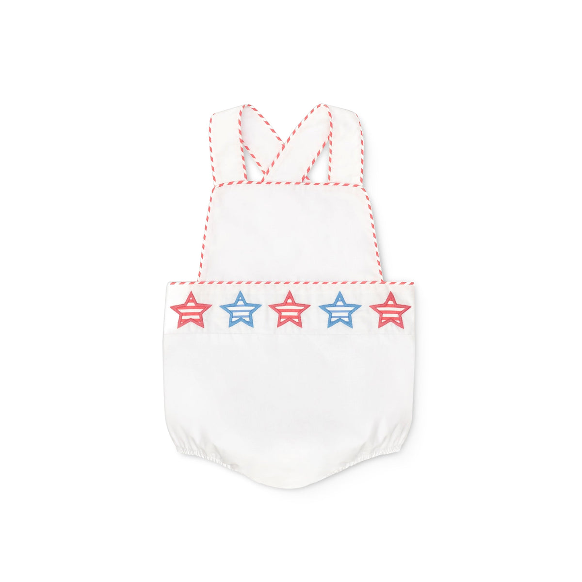 Henry Duvall unisex baby sunsuit in white with red and blue star appliqué and criss cross straps, classic patriotic outfit for Memorial Day, 4th of July, and summer occasions